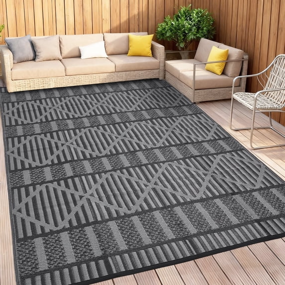HIWEAVER 9' x 18' Gray/Black Outdoor Rug PP Plastic Straw Woven Waterproof Patio Rug with Border Portable Outside Carpet for Balcony Deck Picnic Garden Decor