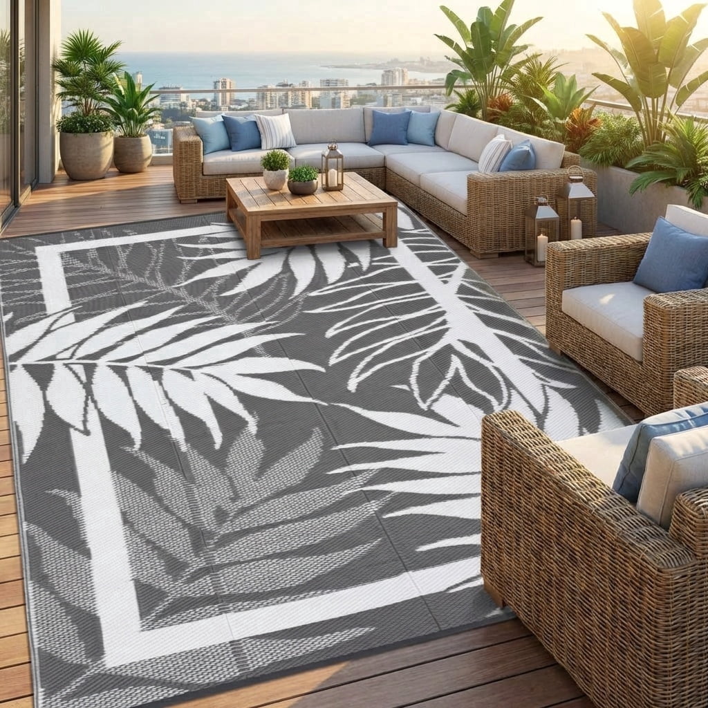 HIWEAVER 9'x 18' Gray White Outdoor Rug Garden Decor Geometric Floral Carpet Plastic Straw Waterproof Patio Area Rug for Balcony Deck Picnic Portable Camping Mat