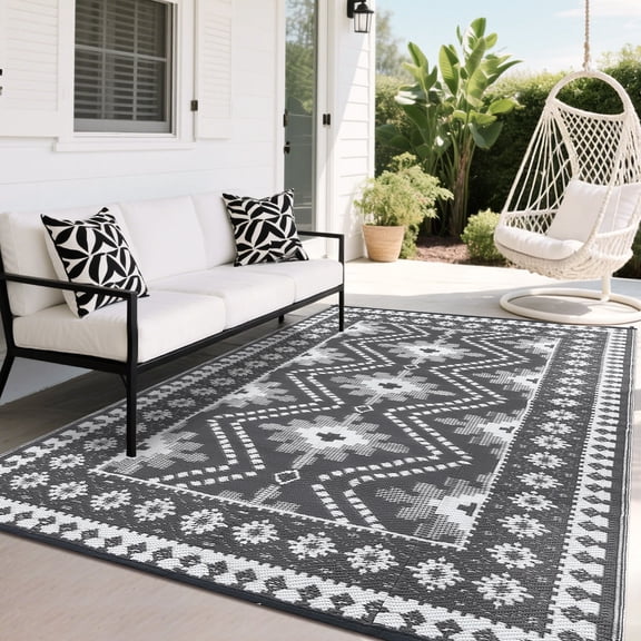HIWEAVER 9' x 18' Gray/White Outdoor Rug PP Plastic Straw Woven Waterproof Patio Rug with Border Portable Outside Carpet for Balcony Deck Picnic Garden Decor