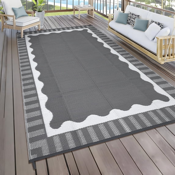 HIWEAVER 9' x 18' Gray/White Outdoor Rug PP Plastic Straw Woven Waterproof Patio Rug with Border Portable Outside Carpet for Balcony Deck Picnic Garden Decor