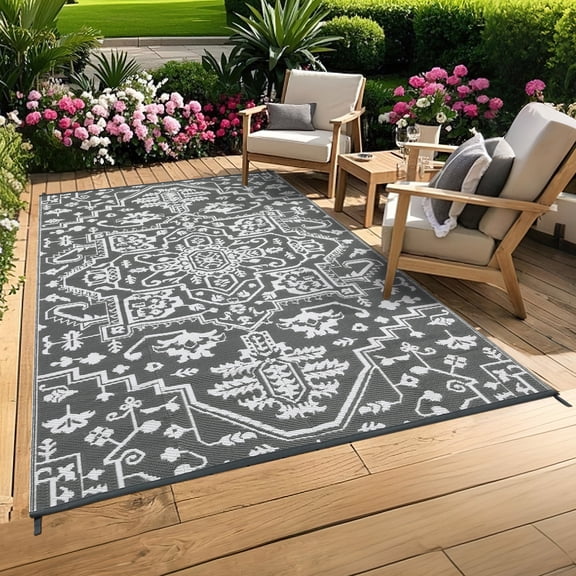 HIWEAVER 9' x 18' Gray/White Outdoor Rug PP Plastic Straw Woven Waterproof Patio Rug with Border Portable Outside Carpet for Balcony Deck Picnic Garden Decor