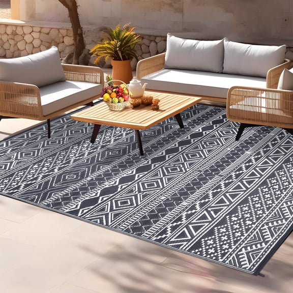 HIWEAVER 9' x 18' Gray/White Outdoor Rug PP Plastic Straw Woven Waterproof Patio Rug with Border Portable Outside Carpet for Balcony Deck Picnic Garden Decor