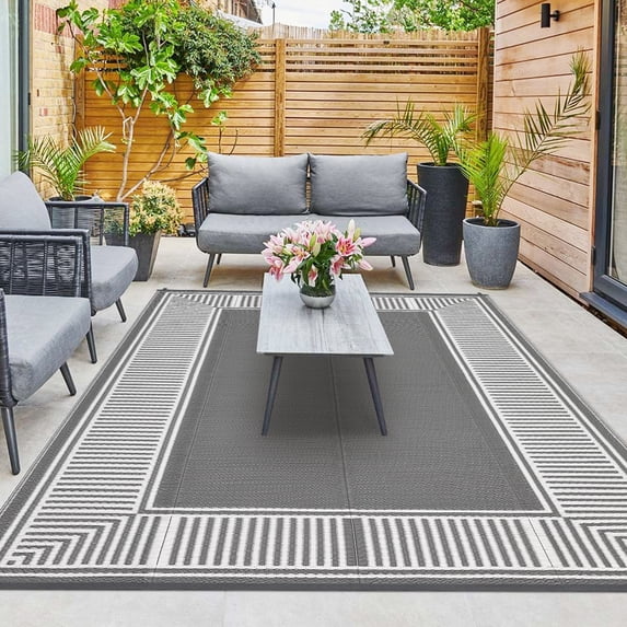 HIWEAVER 9' x 18' Gray/White Outdoor Rug PP Plastic Straw Woven Waterproof Patio Rug with Border Portable Outside Carpet for Balcony Deck Picnic Garden Decor