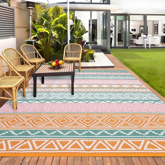 HIWEAVER 9' x 18' Orange/Green Outdoor Rug PP Plastic Straw Woven Waterproof Patio Rug with Border Portable Outside Carpet for Balcony Deck Picnic Garden Decor