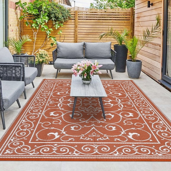 HIWEAVER 9' x 18' Orange Outdoor Rug PP Plastic Straw Woven Waterproof Patio Rug with Border Portable Outside Carpet for Balcony Deck Picnic Garden Decor