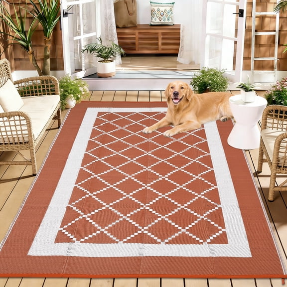 HIWEAVER 9' x 18' Orange/Red Outdoor Rug PP Plastic Straw Woven Waterproof Patio Rug with Border Portable Outside Carpet for Balcony Deck Picnic Garden Decor