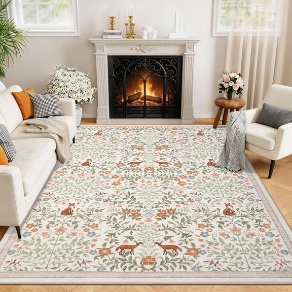 HIWEAVER Beige 10' x 13' Foxes Floral Area Rug for Living Room Washable Bedroom Non Slip Indoor Modern Stain Resistant Throw Carpet for Dining Room Decor