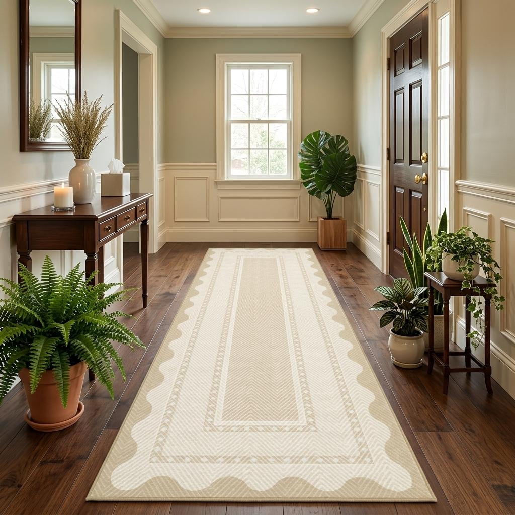 HIWEAVER Beige 2' x 6' Washable Scalloped Bordered Pattern Runner for Kitchen Geometric Indoor Throw Carpet ​Modern Non-Slip Foldable Doormat for Hallway Farmhouse Dorm Home Decor