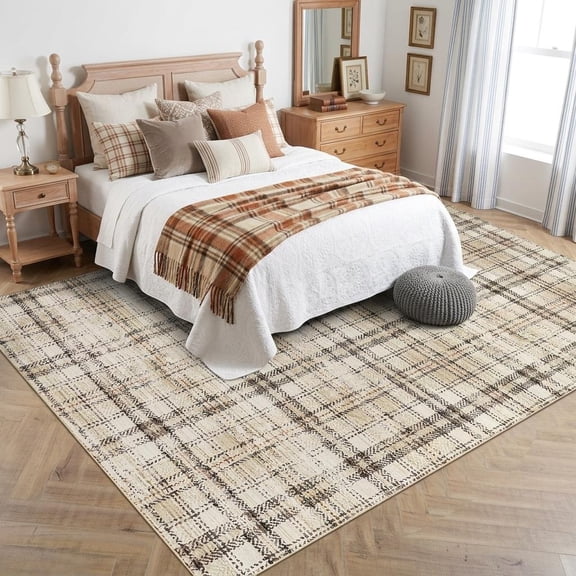 HIWEAVER Beige 3' x 5' Distressed Neutral Plaid Area Rug for Living Room Washable Non Slip Modern Checked Indoor Carpet for Bedroom Decor Low Pile Farmhouse Floor Cover