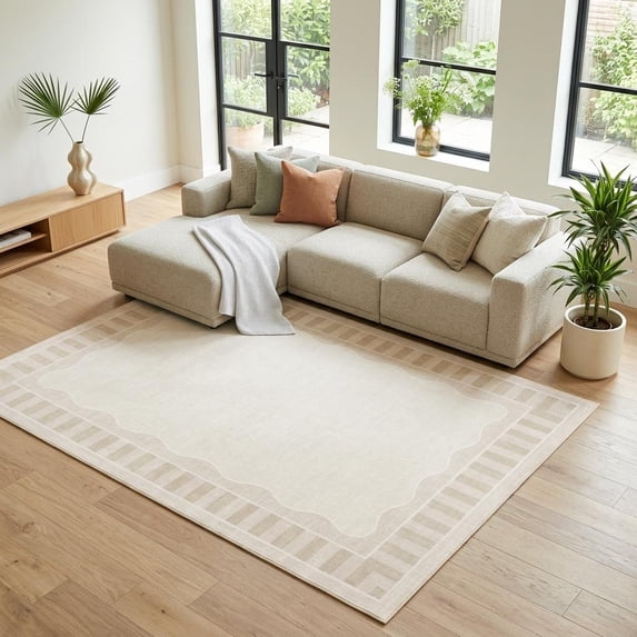 HIWEAVER Beige 5' x 7' Scalloped Washable Area Rug for Living Room Modern Solid Geometric Accent Throw Carpet for Bedroom Non-Slip Floor Cover Room Home Decor