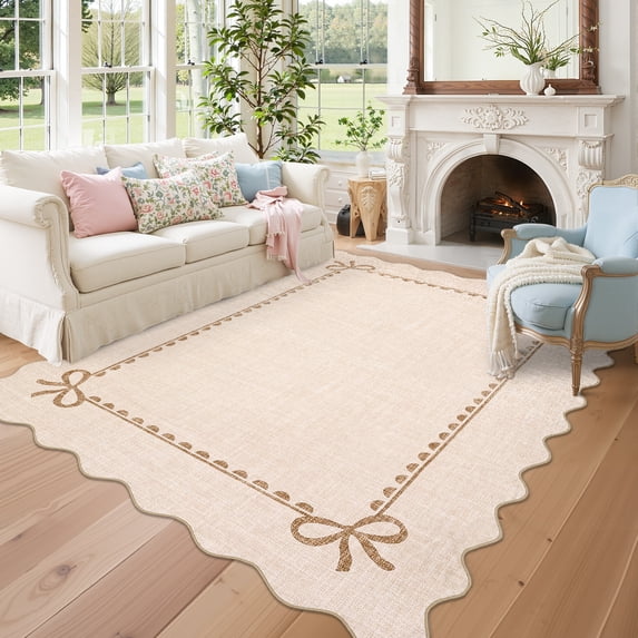 HIWEAVER Beige 6' x 9' Scalloped Bow Area Rug for Living Room Indoor Throw Carpet Modern Non-Slip Foldable Floor Cover for Dorm Home Decor