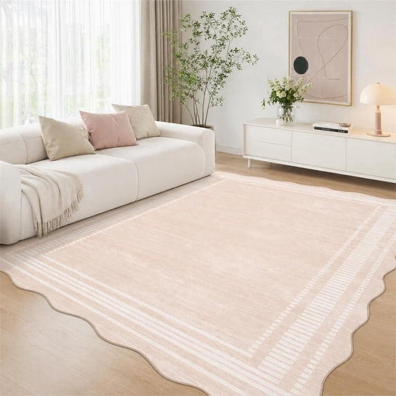 HIWEAVER Beige 9' x 12' Scalloped Washable Area Rug for Living Room Modern Solid Geometric Accent Throw Carpet for Bedroom Non-Slip Floor Cover Room Home Decor