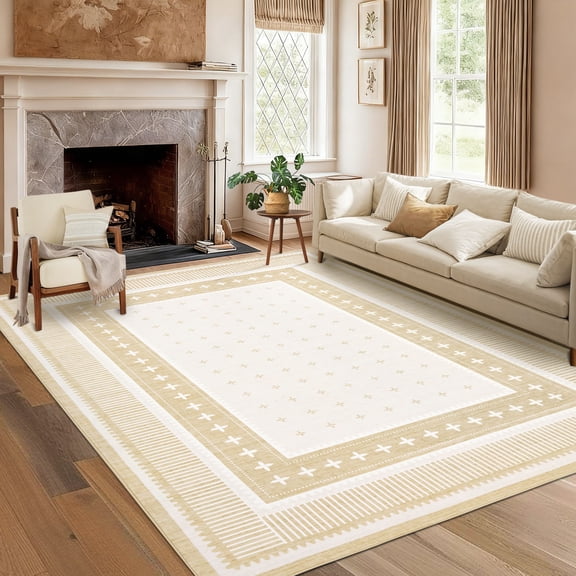 HIWEAVER Beige 9′ x 12′ Washable Area Rug for Living Room Soft Geometric Bordered Indoor Modern Large Throw Carpet for Dining Room Non Slip Farmhouse Decor