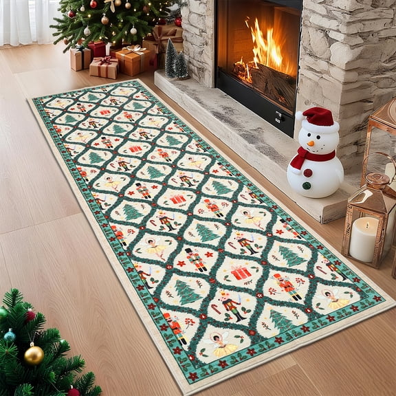 HIWEAVER Beige/Green 2' x 6' Washable Boho Christmas Tree Nutcracker Runner Rug for Kitchen Indoor Carpet Modern Non-Slip Xmas Floral Border Home Decor