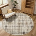 thumbnail image 1 of HIWEAVER Beige Round 6' x 6' Distressed Neutral Plaid Area Rug for Living Room Washable Non Slip Modern Checked Indoor Carpet for Bedroom Decor Low Pile Farmhouse Floor Cover, 1 of 7