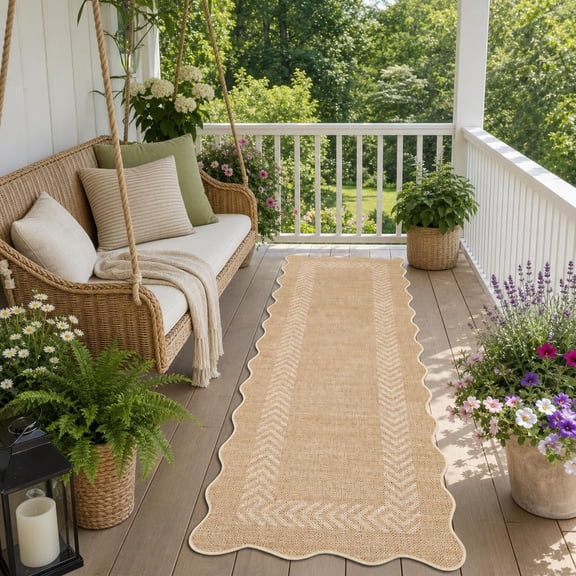 HIWEAVER Beige/Yellow 2' x 6' Easy Jute Runner for Kitchen Non Slip Stain Resistant Scalloped Indoor Outdoor Throw Carpet Non Shedding Modern Geometric Mat for Hallway Outdoor Patio Rug
