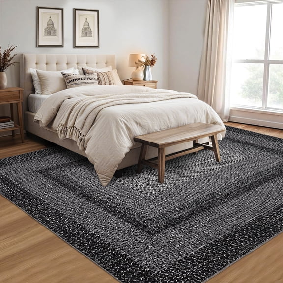 HIWEAVER Black 10' x 13' Washable Geometric Area Rug for Living Room Modern Faux Braided Pattern Bordered Non Slip Indoor Carpet Decor