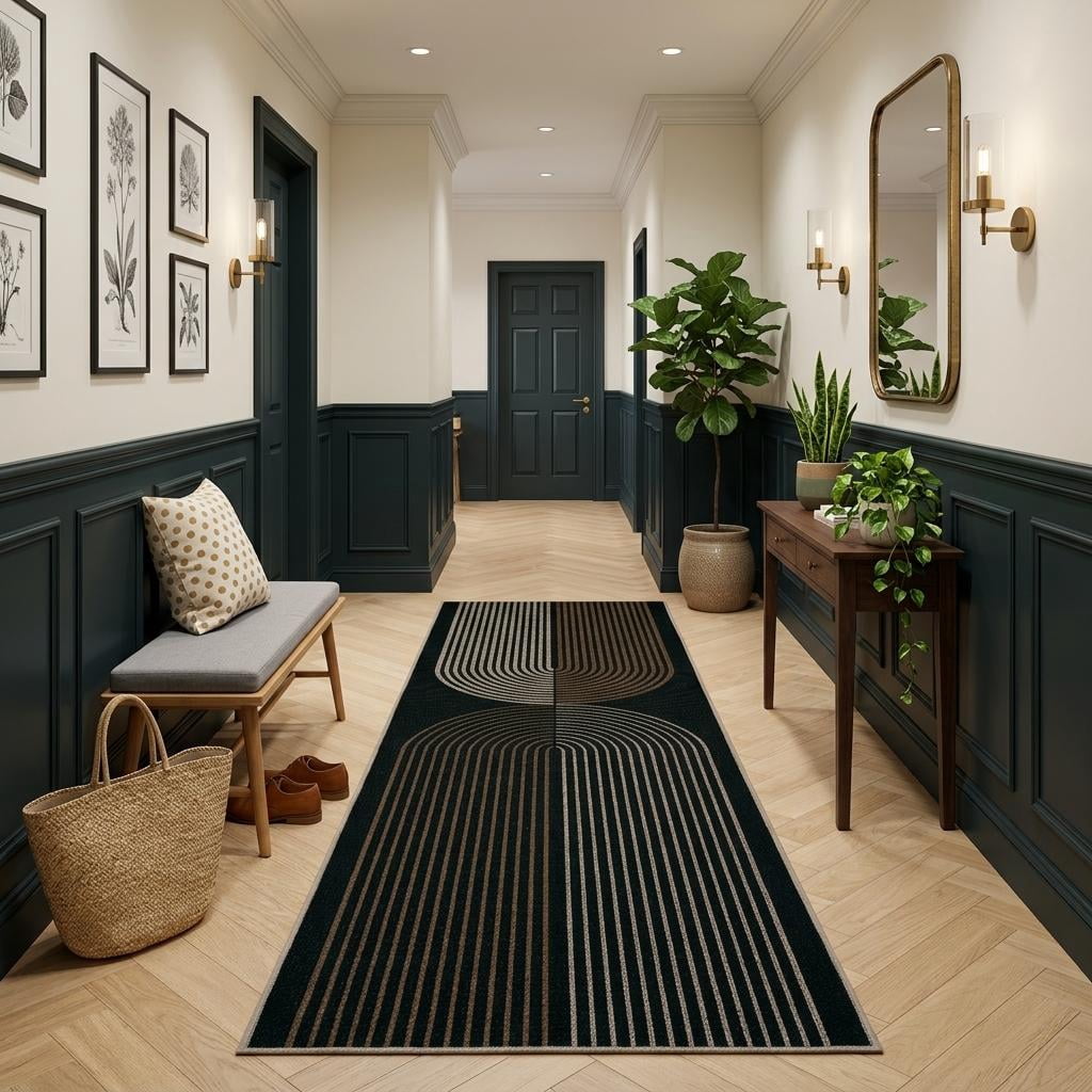 HIWEAVER Black 2' x 6' Easy Jute Area Rug for Living Room Non Slip Stain Resistant Arch Striped Indoor Carpet Non Shedding Modern Geometric Mat for Dining Room Outdoor Patio Rug