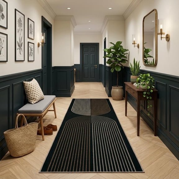 HIWEAVER Black 2' x 6' Easy Jute Area Rug for Living Room Non Slip Stain Resistant Arch Striped Indoor Carpet Non Shedding Modern Geometric Mat for Dining Room Outdoor Patio Rug