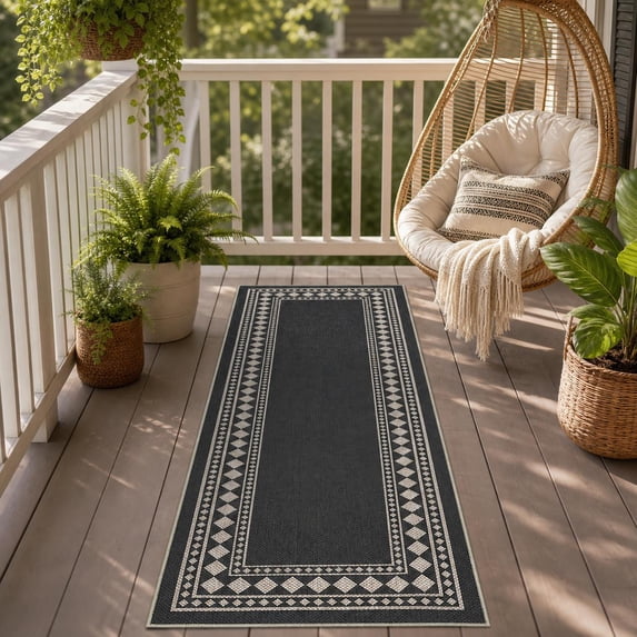 HIWEAVER Black 2' x 6' Easy Jute Runner for Kitchen Non Slip Stain Resistant Bordered Diamond Indoor Outdoor Throw Carpet Non Shedding Modern Geometric Mat for Hallway Outdoor Patio Rug