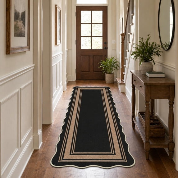 HIWEAVER Black 2' x 6' Easy Jute Runner for Kitchen Non Slip Stain Resistant Scalloped Indoor Outdoor Throw Carpet Non Shedding Modern Geometric Mat for Hallway Outdoor Patio Rug