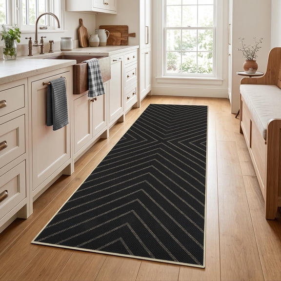 HIWEAVER Black 2' x 6' Modern Geometric Easy Jute Runner for Bathroom Washable Striped Print Indoor Outdoor Carpet Non-Slip Stain-Resistant Kitchen Throw Mat Low Pile Patio Rug Decor