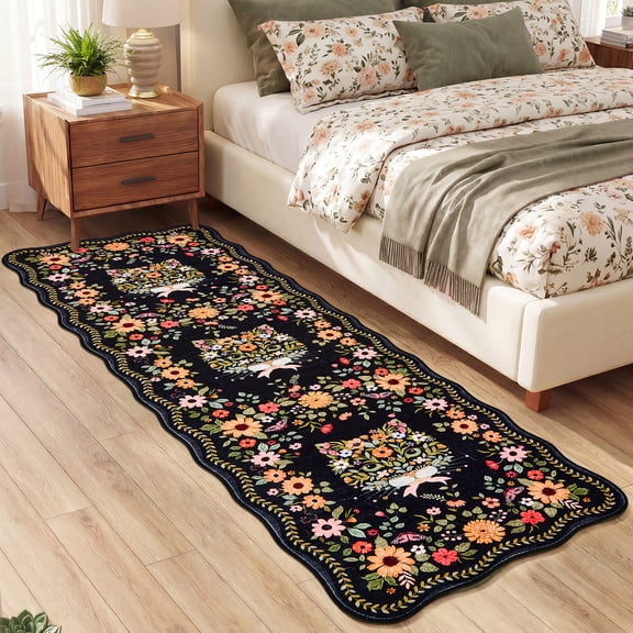 HIWEAVER Black 2' x 6' Scalloped Washable Animal Cat Runner Rug for Kitchen Modern Floral Accent Throw Carpet for Bedroom Non-Slip Indoor Floor Cover Room Decor