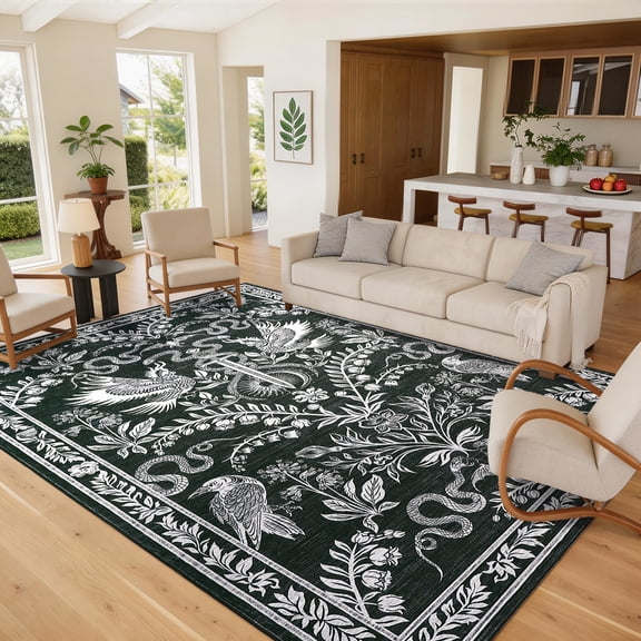 HIWEAVER Black 4' x 6' Gothic Area Rug for Living Room Mythical Serpent & Celestial Pattern Non-Slip Stain Resistant Low Pile Floor Indoor Carpet for Bedroom Home Decor