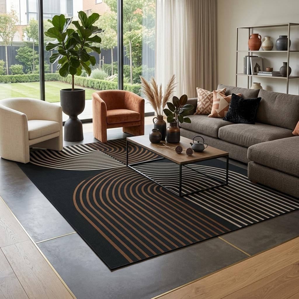 HIWEAVER Black 5' x 7' Easy Jute Area Rug for Living Room Non Slip Stain Resistant Arch Striped Indoor Carpet Non Shedding Modern Geometric Mat for Dining Room Outdoor Patio Rug