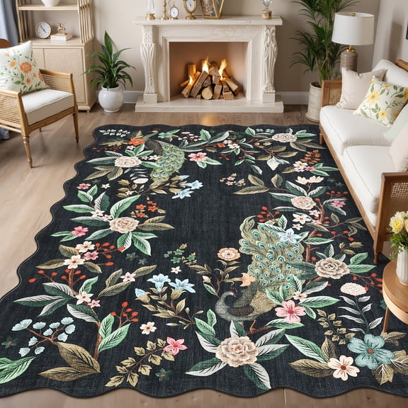 HIWEAVER Black 5′ x 7′ Scalloped Washable Area Rug for Living Room Modern Floral Peacock Accent Throw Carpet for Bedroom Non-Slip Floor Cover Room Home Decor