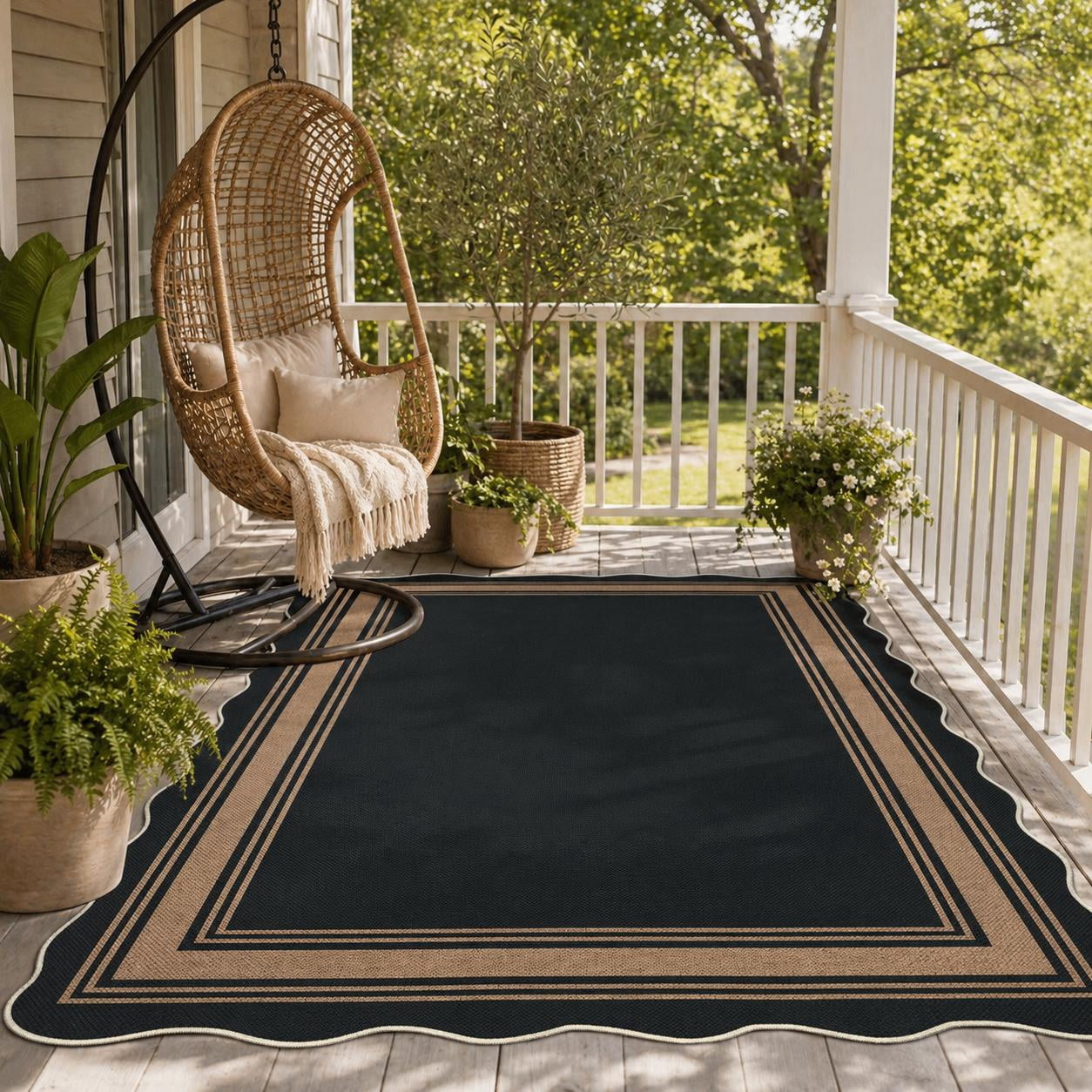 HIWEAVER Black 5' x 7' Scalloped-edge Easy Jute Area Rug for Living Room Modern Bordered Indoor Outdoor Neutral Carpet for Patios Non Slip Washable Throw Mat for Home Decor