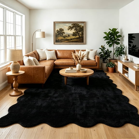HIWEAVER Black 8' x 10' Ultra-Soft Scalloped Rug for Living Room Indoor Non Slip Non-Shedding Floor Cover Easy Clean Fuzzy Fluffy Solid Carpet for Bedroom Playroom Dorm