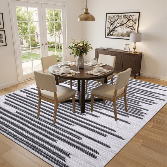HIWEAVER Black 8' x 10' Washable Abstract Striped Area Rug for Living Room Indoor Throw Carpet Modern Geometric Non-Slip Foldable Floor Cover for Dorm Home Decor