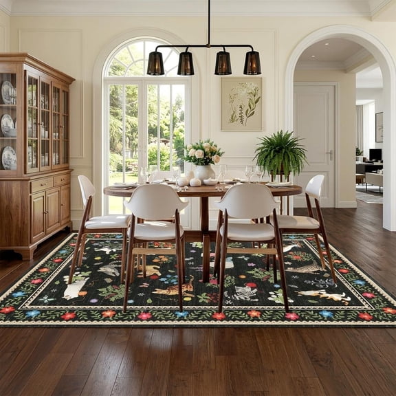 HIWEAVER Black 8' x 10' Washable Floral Bordered Area Rug for Living Room Animal Cat Indoor Throw Carpet ​Modern Non-Slip Foldable Floor Cover for Dorm Home Decor