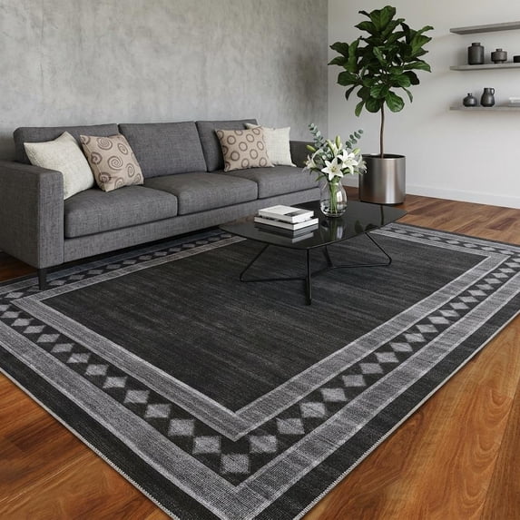 HIWEAVER Black 9' x 12' Area Rug for Living Room Washable Modern Geometric Bordered Non Slip Non Shedding Neutral Indoor Decor Carpet