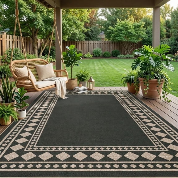 HIWEAVER Black 9' x 12' Modern Geometric Easy Jute Area Rug for Living Room Washable Bordered Diamond Print Indoor Outdoor Carpet Non-Slip Stain-Resistant Kitchen Throw Mat Patio Rug Decor