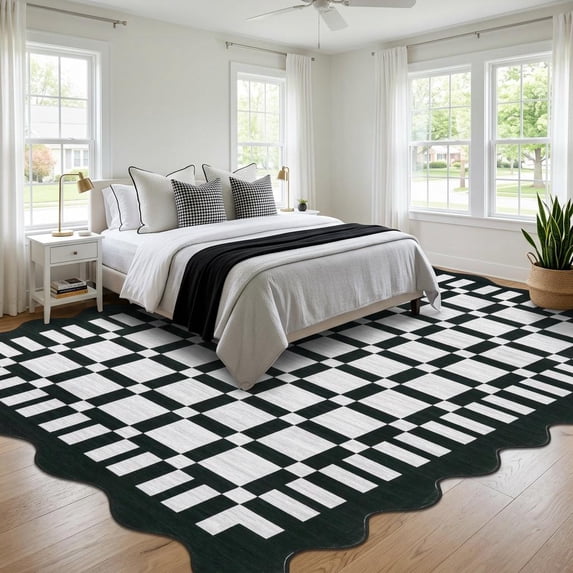 HIWEAVER Black 9′ x 12′ Scalloped Washable Area Rug for Living Room Modern Checkered Geometric Accent Throw Carpet for Bedroom Non-Slip Floor Cover Home Decor