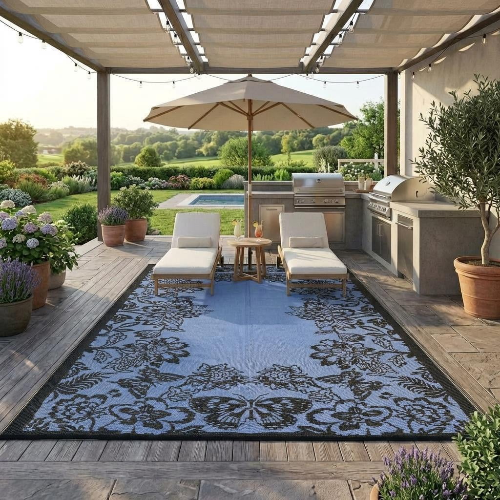 HIWEAVER Black/Blue 9'x 12' Outdoor Rug PP Plastic Straw Woven Waterproof Patio Rug with Floral Border Portable Outside Carpet for Balcony Deck Picnic Garden Decor