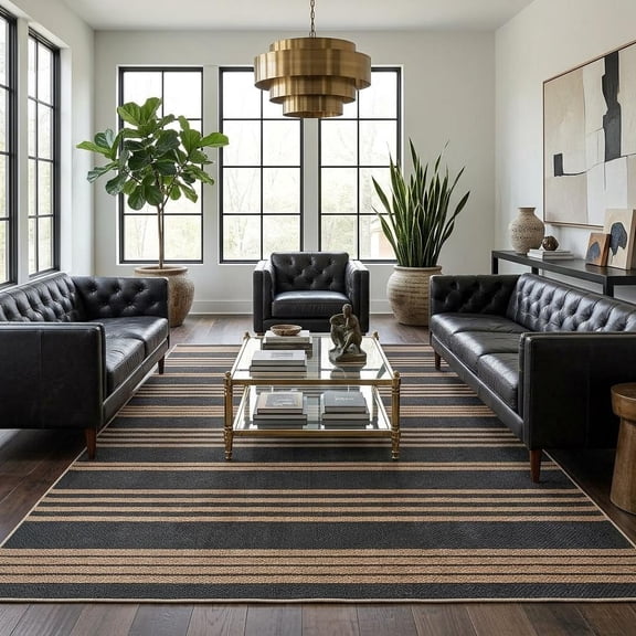 HIWEAVER Black/Brown 8' x 10' Modern Geometric Easy Jute Area Rug for Living Room Washable Striped Print Indoor Outdoor Carpet Non-Slip Stain-Resistant Kitchen Throw Mat Low Pile Patio Rug Decor