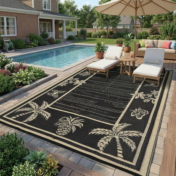 HIWEAVER Black/Brown 8'x 10' Outdoor Rug Garden Decor Floral Bordered Carpet Plastic Straw Waterproof Reversible Patio Area Rug for Balcony Deck Picnic Portable Camping Mat