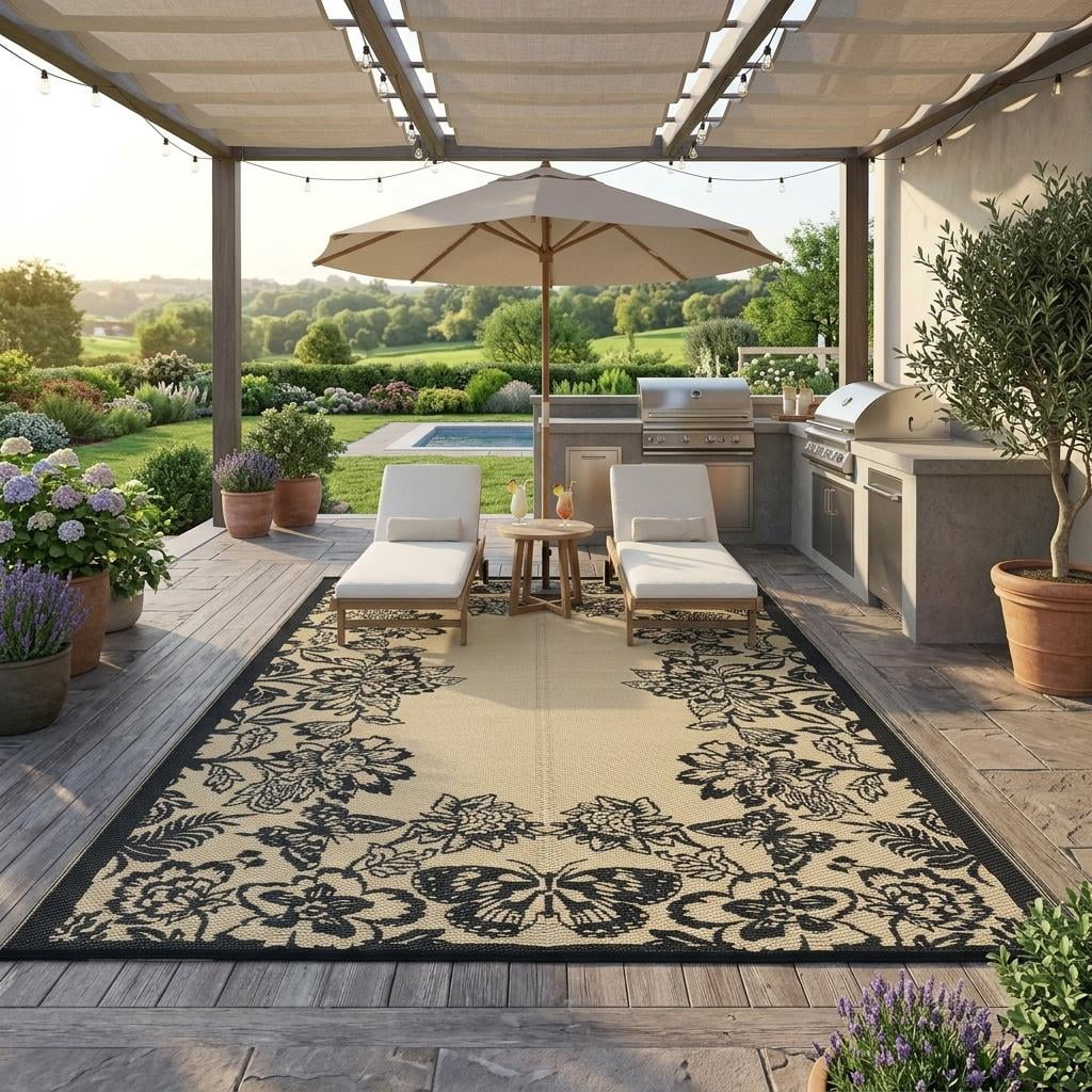 HIWEAVER Black/Brown 8'x 10' Outdoor Rug PP Plastic Straw Woven Waterproof Patio Rug with Floral Border Portable Outside Carpet for Balcony Deck Picnic Garden Decor