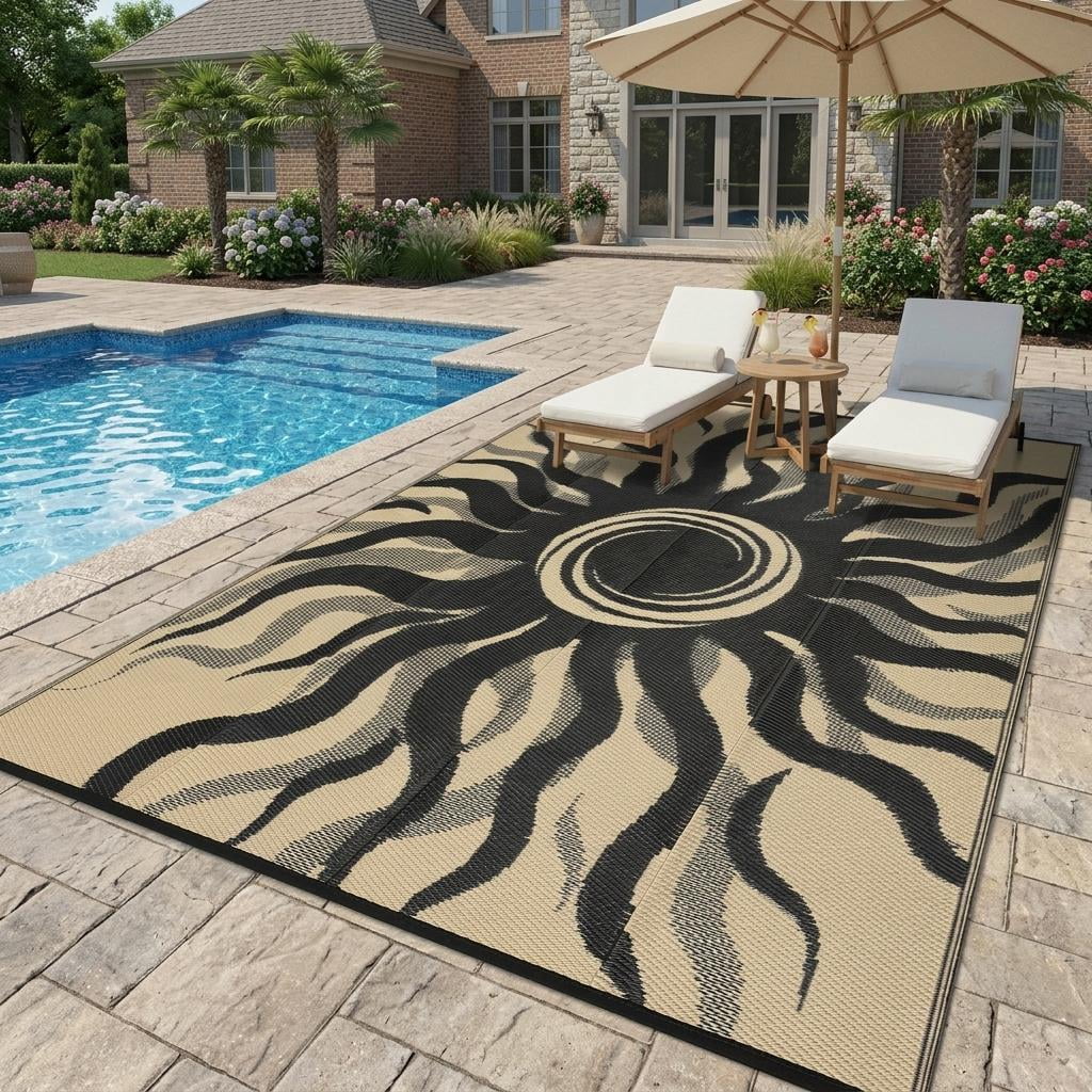 HIWEAVER Black/Brown 9'x 12' Outdoor Rug Garden Decor Abstract Sun Pattern Carpet Plastic Straw Waterproof Reversible Patio Area Rug for Balcony Deck Picnic Portable Camping Mat