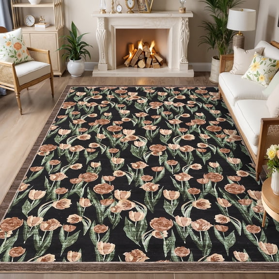 HIWEAVER Black Brown 9' x 12' Washable Floral Tulip Bordered Area Rug for Living Room Indoor Throw Carpet Modern Non-Slip Foldable Floor Cover for Dorm Home Decor