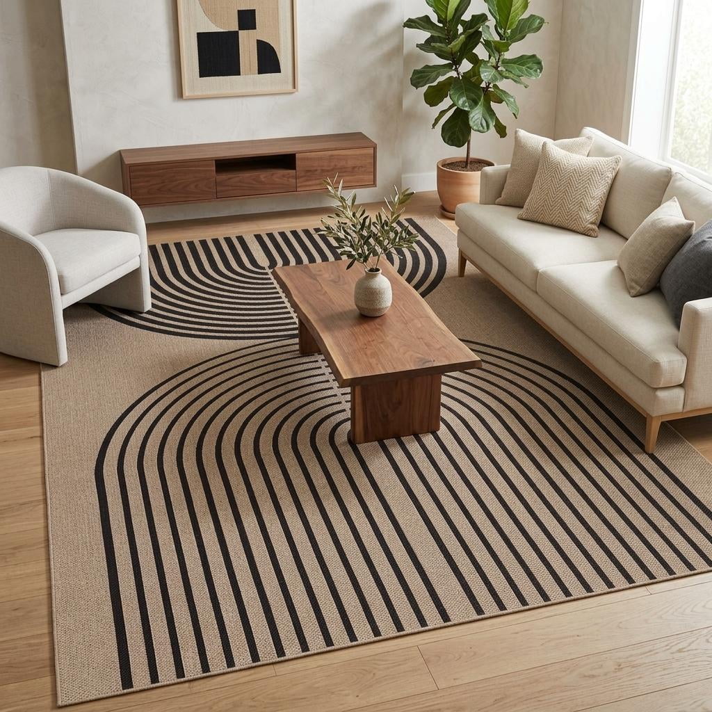 HIWEAVER Black/Camel 5' x 7' Easy Jute Area Rug for Living Room Non Slip Stain Resistant Arch Striped Indoor Carpet Non Shedding Modern Geometric Mat for Dining Room Outdoor Patio Rug
