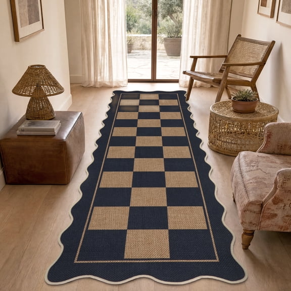HIWEAVER Black Coffee 2′ x 6′ Scalloped-edge Easy Jute Runner Rug for Kitchen Modern Bordered Plaid Indoor Outdoor Neutral Carpet for Patios Non Slip Washable Throw Mat for Home Decor