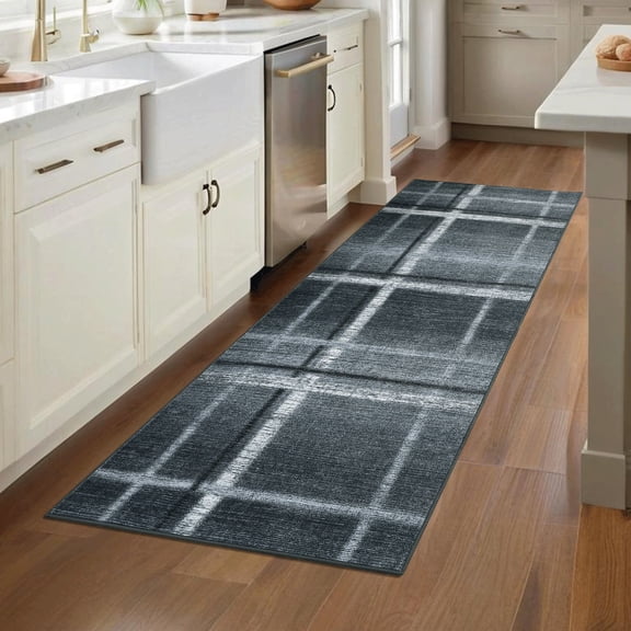 HIWEAVER Black/Gray 2' x 6' Washable Neutral Plaid Runner for Kitchen Indoor Modern Checked Throw Carpet Non-Slip Foldable Doormat for Hallway Farmhouse Dorm Home Decor
