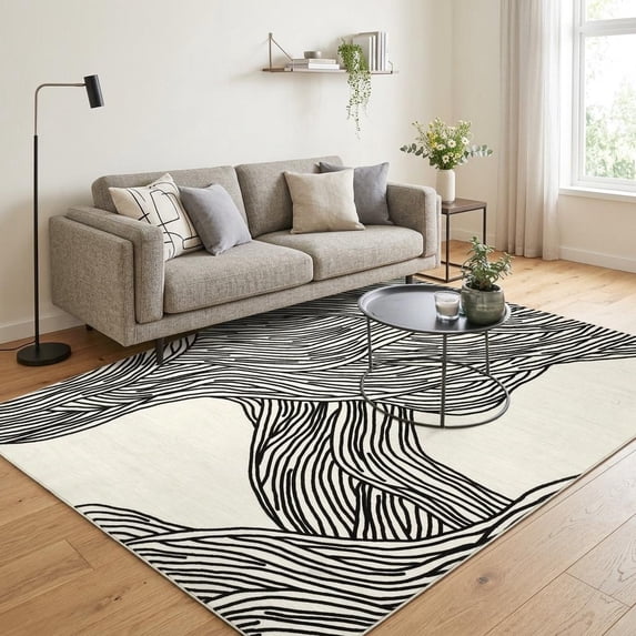 HIWEAVER Black/White 10' x 13' Washable Abstract Striped Area Rug for Living Room Indoor Throw Neutral Carpet Modern Geometric Non-Slip Foldable Floor Cover for Dorm Home Decor