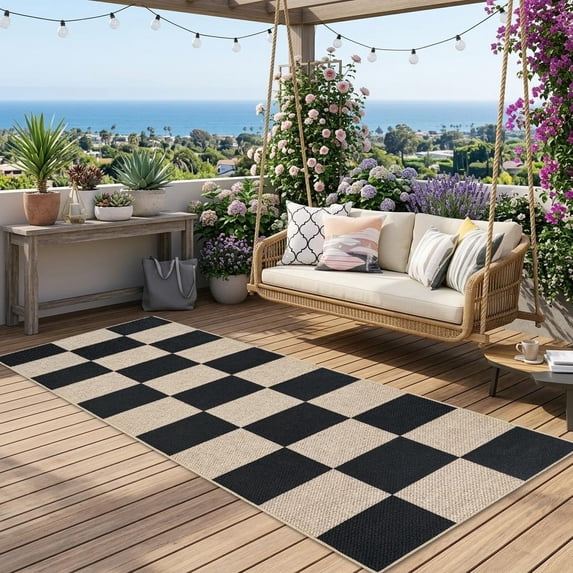 HIWEAVER Black/White 2' x 6' Easy Jute Runner for Kitchen Non Slip Stain Resistant Checkered Indoor Outdoor Throw Carpet Non Shedding Modern Geometric Mat for Hallway Outdoor Patio Rug