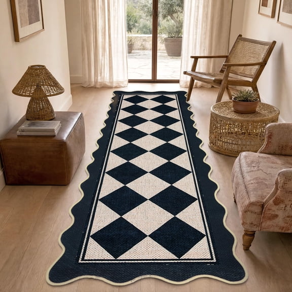 HIWEAVER Black/White 2' x 6' Scalloped-edge Easy Jute Runner Rug for Hallway Modern Checkered Indoor Outdoor Neutral Carpet for Patios Non Slip Washable Throw Mat for Home Decor