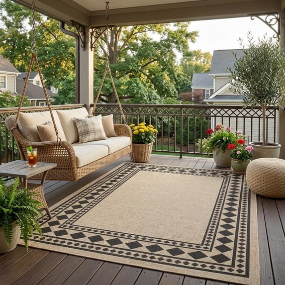 HIWEAVER Black/White 5' x 7' Modern Geometric Easy Jute Area Rug for Living Room Washable Bordered Diamond Print Indoor Outdoor Carpet Non-Slip Stain-Resistant Kitchen Throw Mat Patio Rug Decor